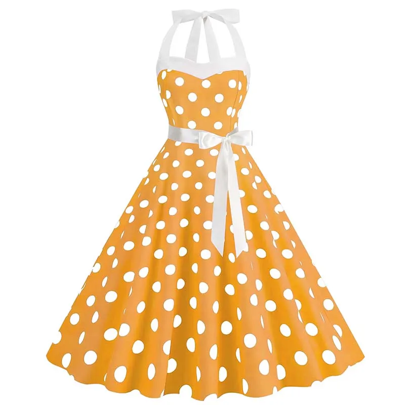Sukienka w grochy z dekoltem halter w stylu retro Żółty