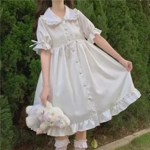 Sukienka w stylu lolita z kołnierzykiem i bufiastym rękawem Krótki rękaw