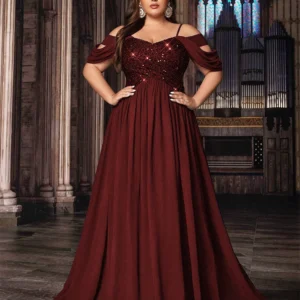Sukienka wieczorowa maxi plus size szyfonowa z odkrytymi ramionami Burgundia