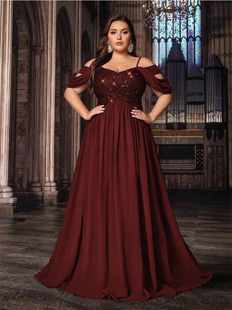 Sukienka wieczorowa maxi plus size szyfonowa z odkrytymi ramionami Burgundia