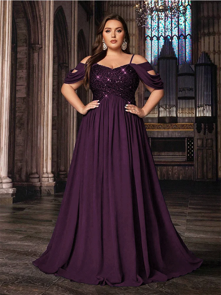 Sukienka wieczorowa maxi plus size szyfonowa z odkrytymi ramionami Fioletowy