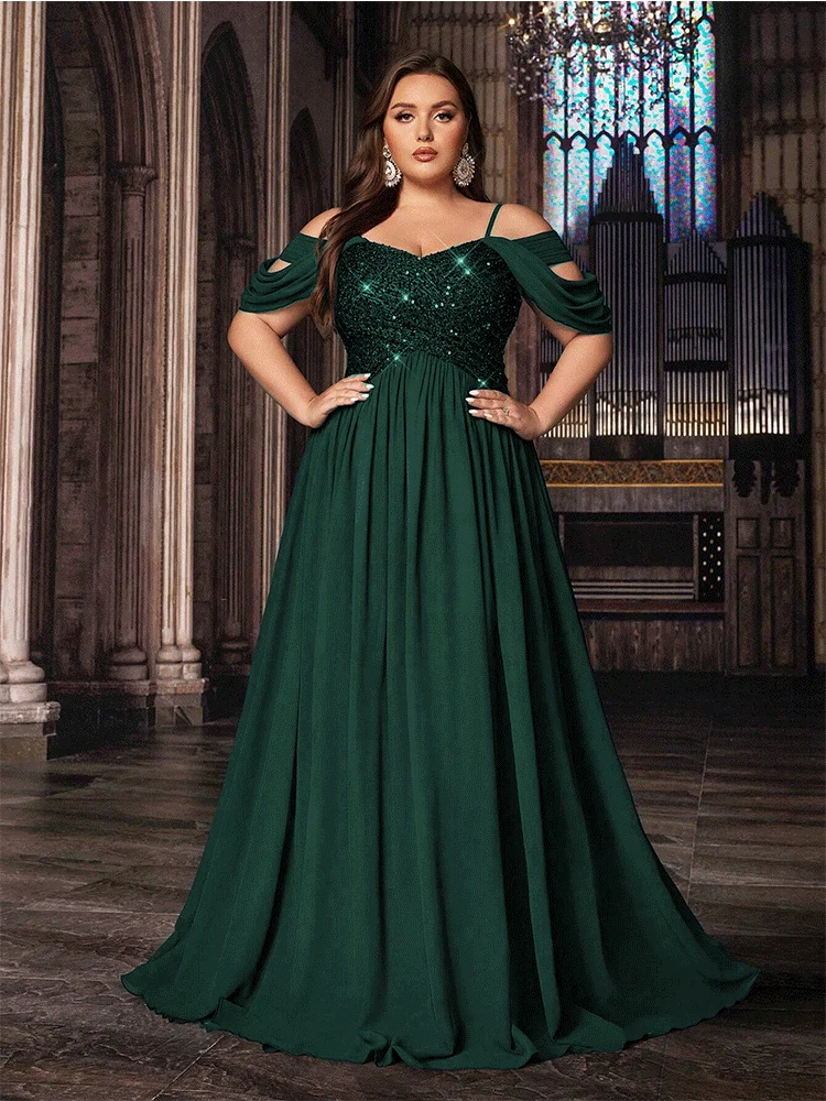 Sukienka wieczorowa maxi plus size szyfonowa z odkrytymi ramionami Zielony