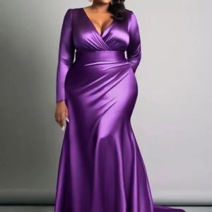 Elegancka sukienka wieczorowa plus size typu rybka z długim rękawem Fioletowy