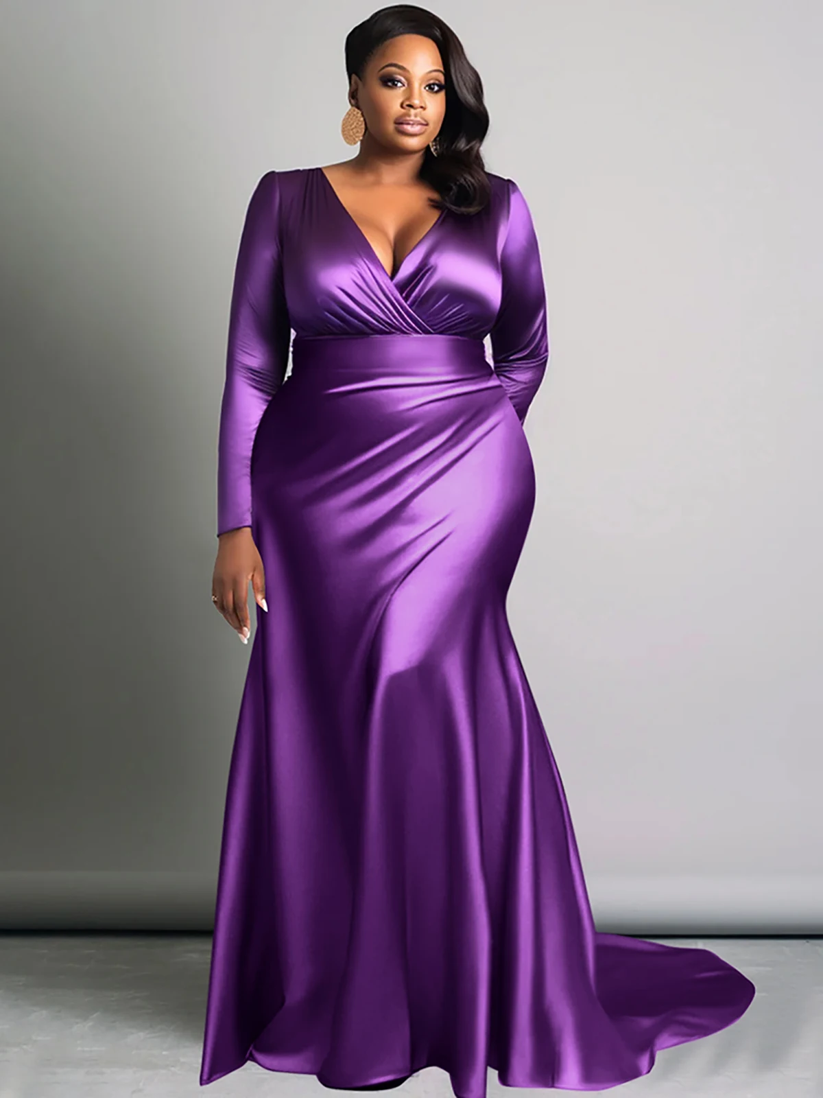 Elegancka sukienka wieczorowa plus size typu rybka z długim rękawem Fioletowy