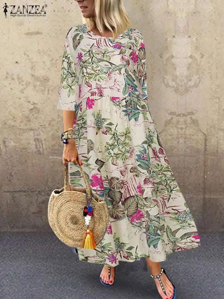 Sukienka ZANZEA oversize w kwiaty na ramiączkach – długa, boho Czerwony