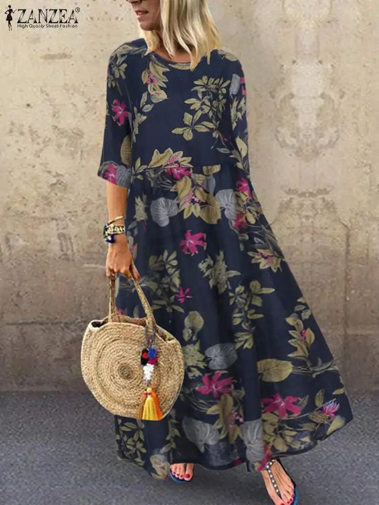Sukienka ZANZEA oversize w kwiaty na ramiączkach – długa, boho Niebieski