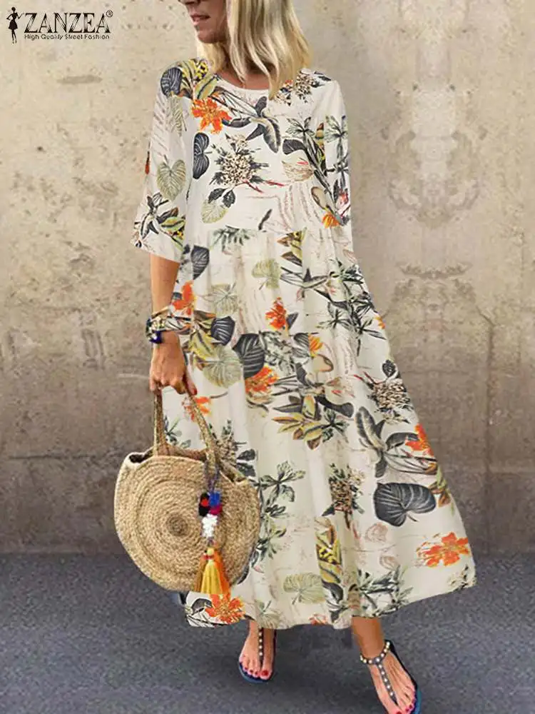 Sukienka ZANZEA oversize w kwiaty na ramiączkach – długa, boho żółty