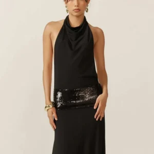 Suknia wieczorowa maxi halter z odkrytymi plecami Czarny