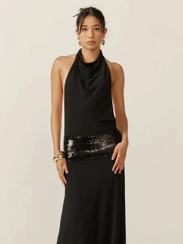 Suknia wieczorowa maxi halter z odkrytymi plecami Czarny