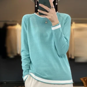 Sweter bawełniany z okrągłym dekoltem damski luźny Jasny niebieski