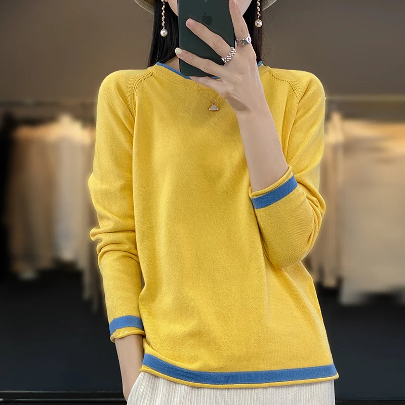 Sweter bawełniany z okrągłym dekoltem damski luźny żółty