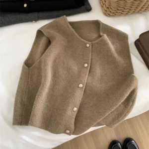 Sweter bez rękawów z okrągłym dekoltem koreański kamizelka dzianinowa Niebieski