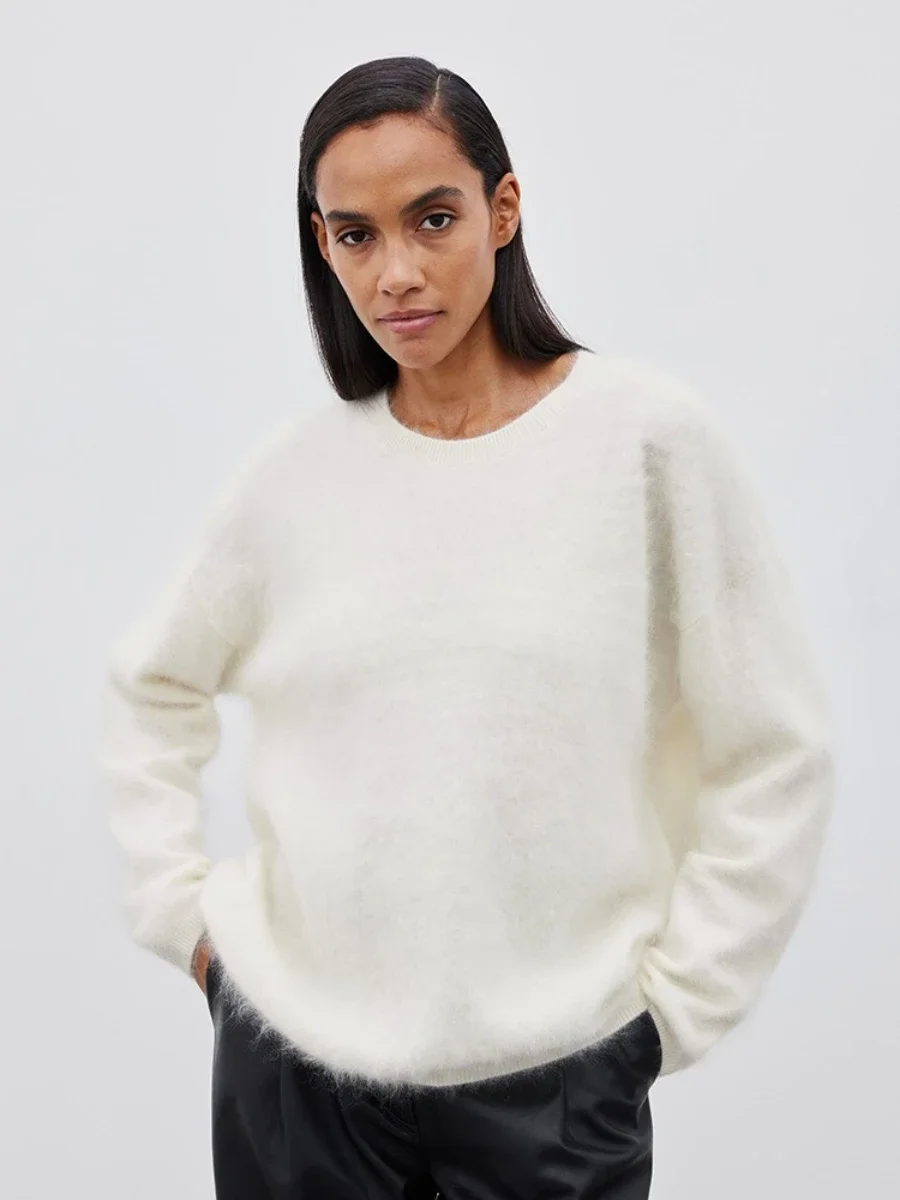 Sweter casualowy z okrągłym dekoltem, luźny pulower damski Beżowy