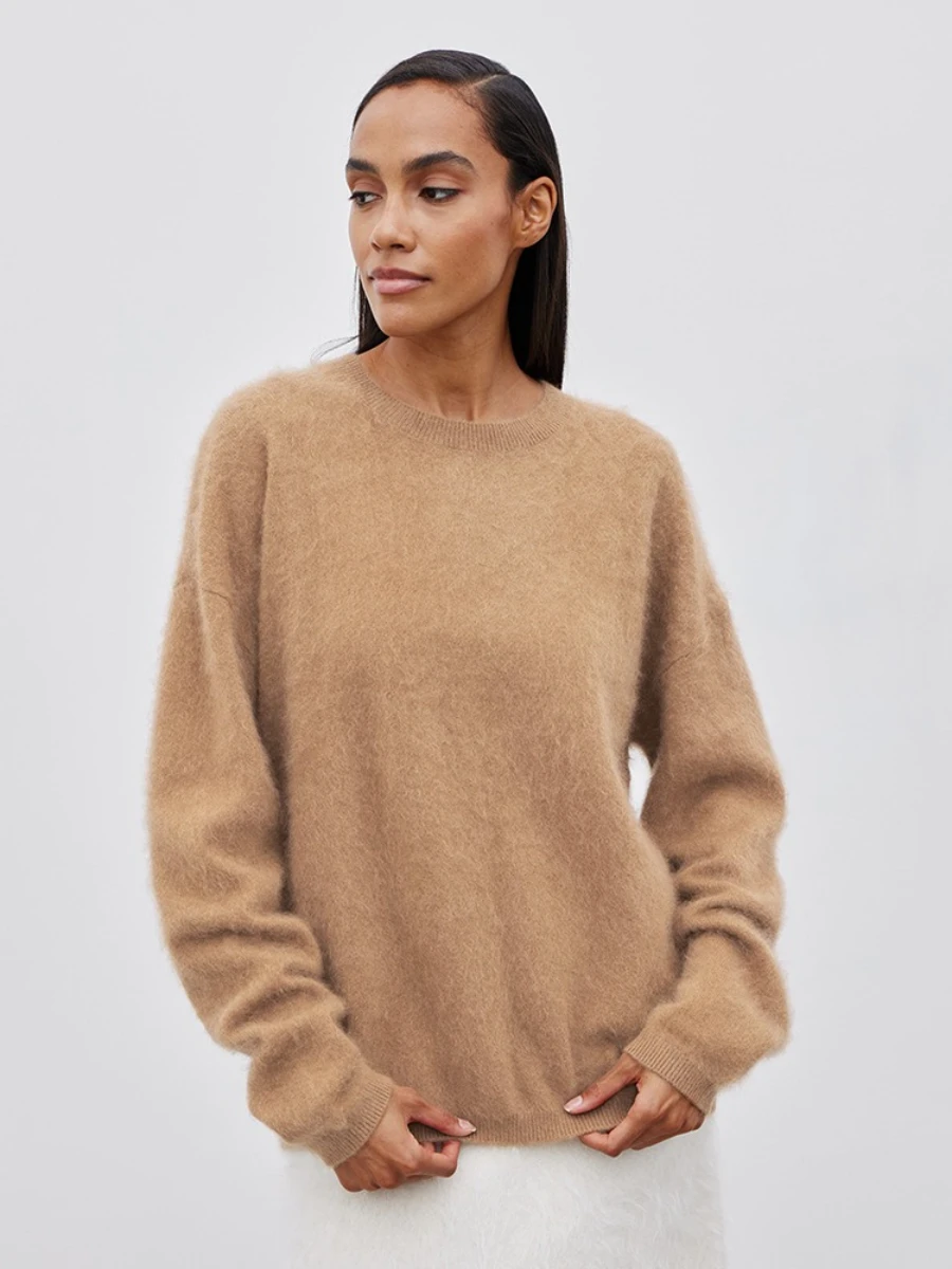 Sweter casualowy z okrągłym dekoltem, luźny pulower damski Brązowy