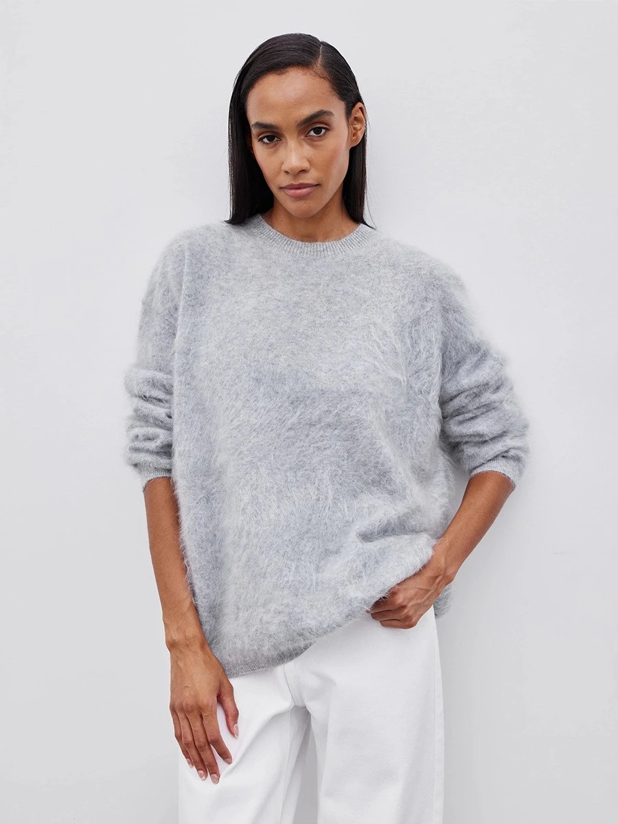 Sweter casualowy z okrągłym dekoltem, luźny pulower damski Niebieski