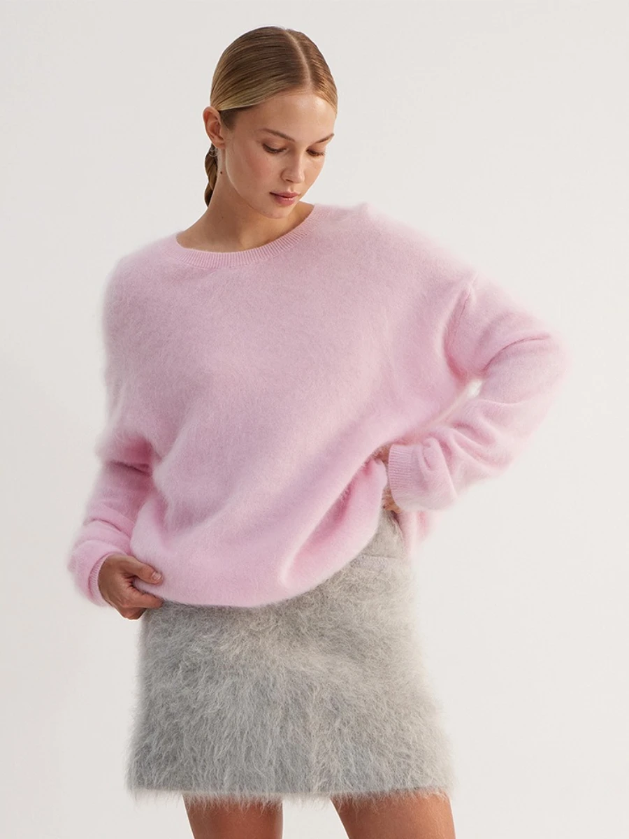 Sweter casualowy z okrągłym dekoltem, luźny pulower damski Różowy