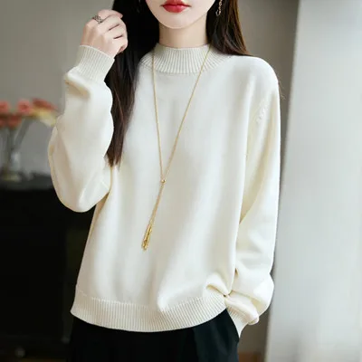 Sweter damski 100% bawełna okrągły dekolt luźny krój Biały