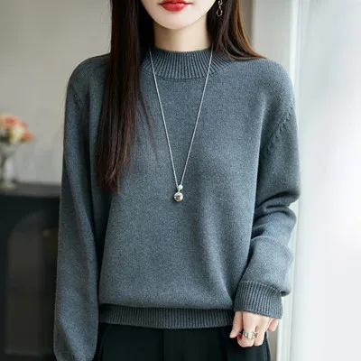Sweter damski 100% bawełna okrągły dekolt luźny krój Ciemnoszary
