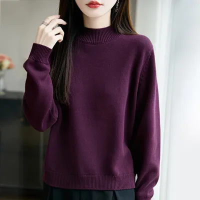 Sweter damski 100% bawełna okrągły dekolt luźny krój Fioletowy