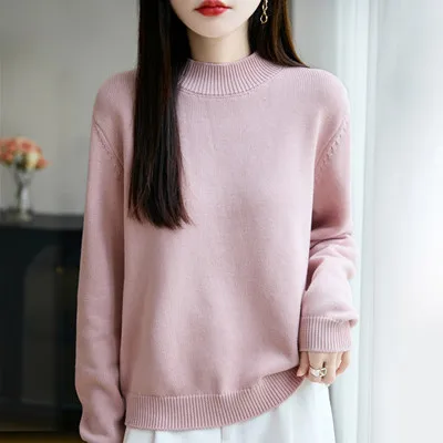 Sweter damski 100% bawełna okrągły dekolt luźny krój Różowy