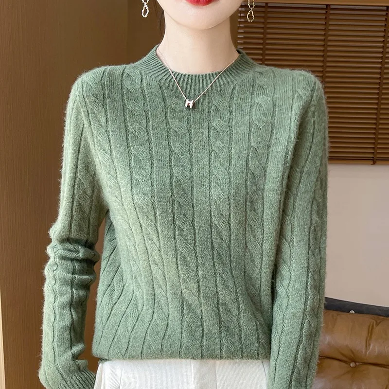Sweter damski 100% wełna koreański styl z długim rękawem Armijna zieleń