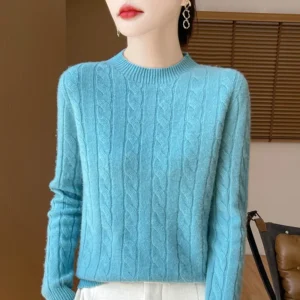 Sweter damski 100% wełna koreański styl z długim rękawem Błękitny