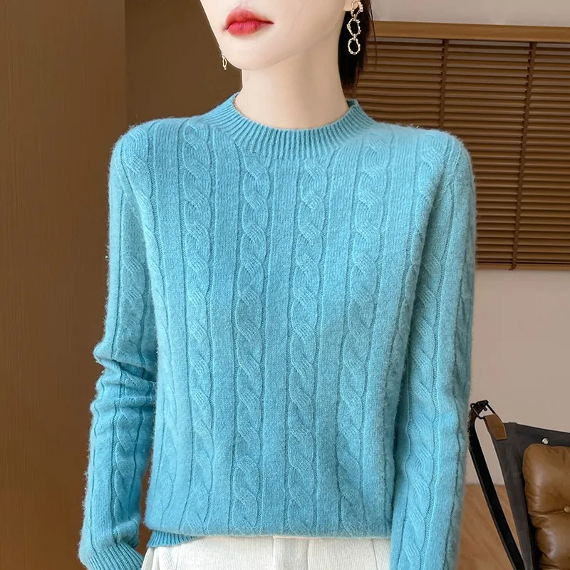 Sweter damski 100% wełna koreański styl z długim rękawem Błękitny