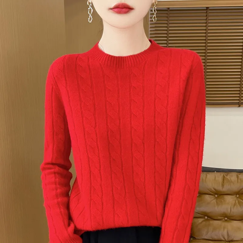 Sweter damski 100% wełna koreański styl z długim rękawem Czerwony