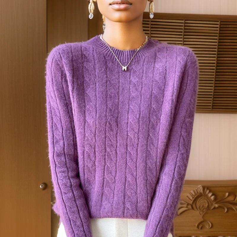 Sweter damski 100% wełna koreański styl z długim rękawem Fioletowy