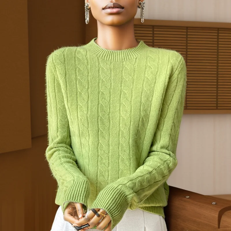 Sweter damski 100% wełna koreański styl z długim rękawem Jasny zielony