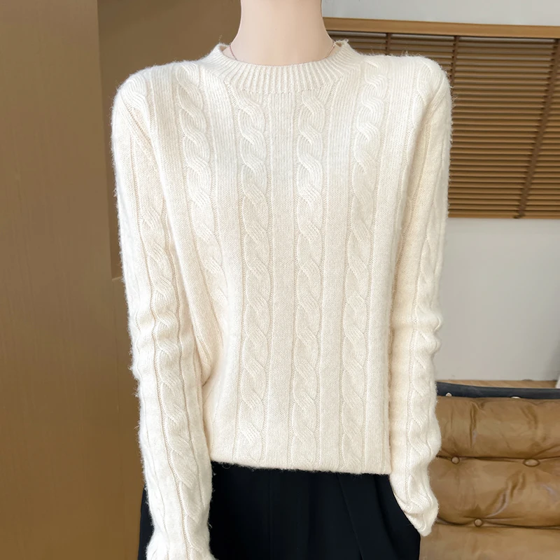 Sweter damski 100% wełna koreański styl z długim rękawem Khaki