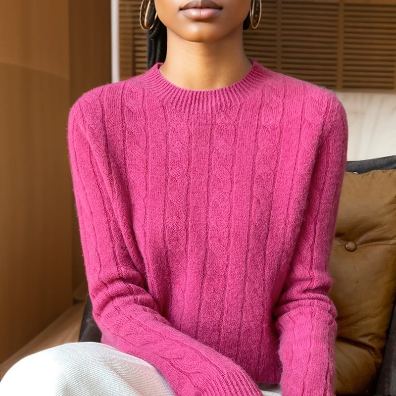 Sweter damski 100% wełna koreański styl z długim rękawem Róża czerwona