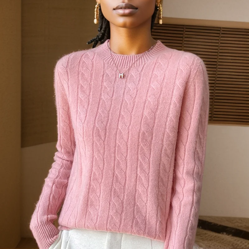 Sweter damski 100% wełna koreański styl z długim rękawem Różowy