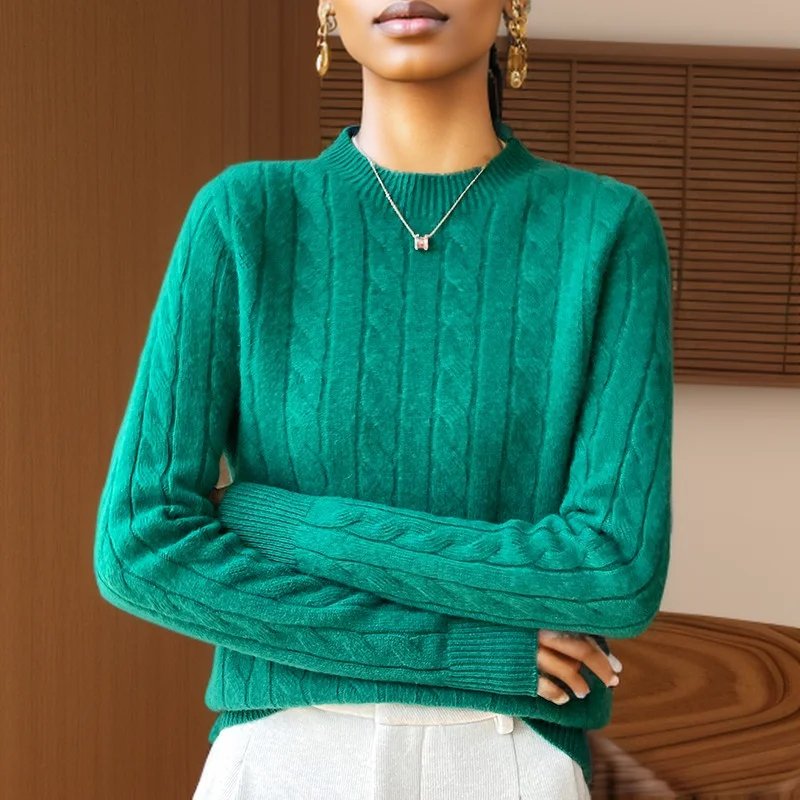 Sweter damski 100% wełna koreański styl z długim rękawem Zielony