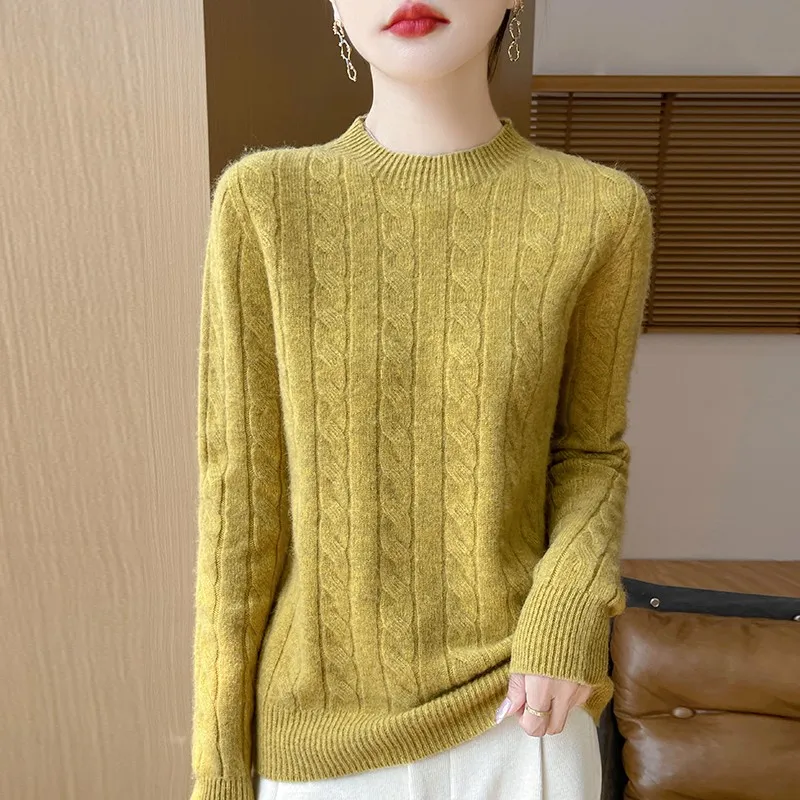 Sweter damski 100% wełna koreański styl z długim rękawem żółty