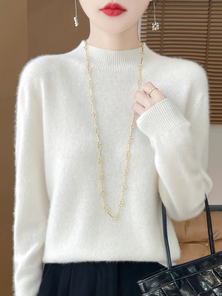 Sweter damski 100% wełna merino luźny klasyczny Biały