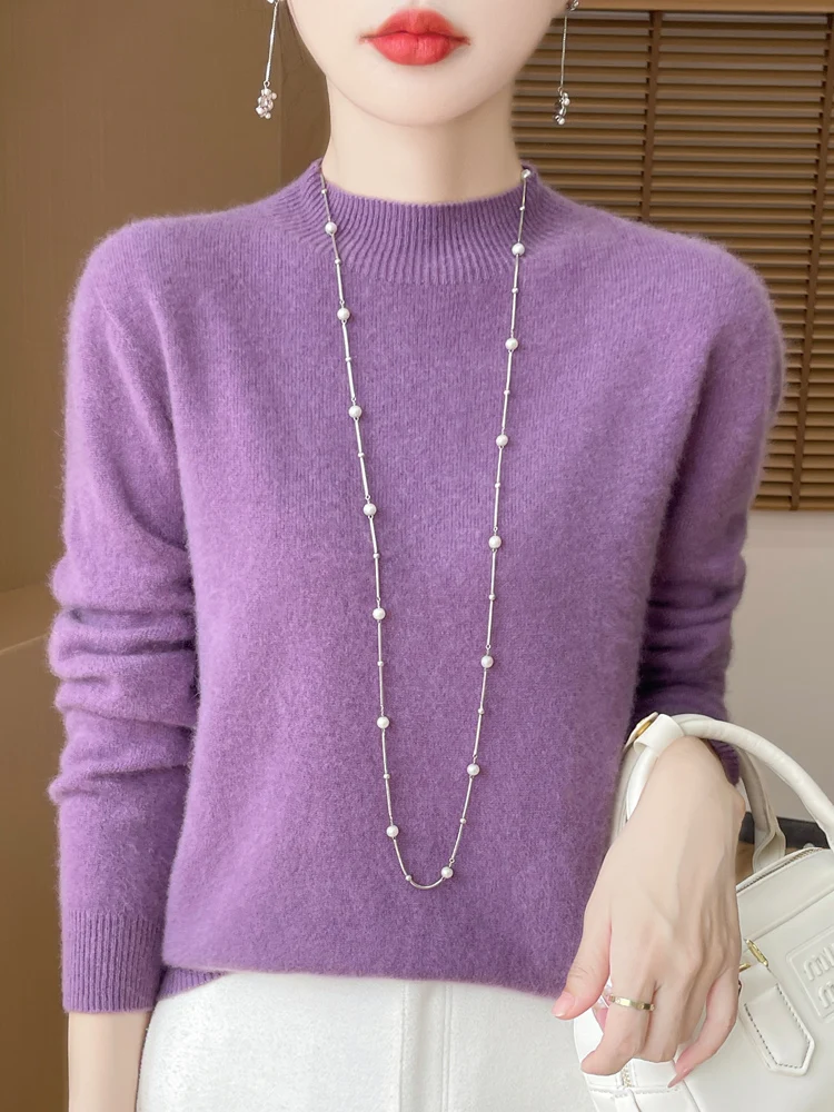Sweter damski 100% wełna merino luźny klasyczny Ciemny fiolet