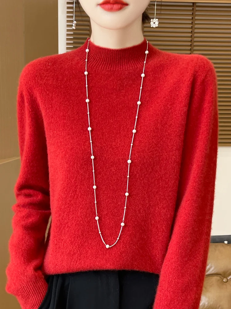 Sweter damski 100% wełna merino luźny klasyczny Czerwony