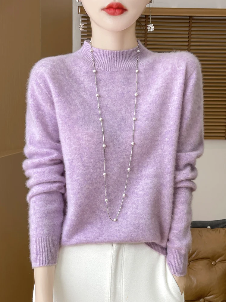 Sweter damski 100% wełna merino luźny klasyczny Fioletowy