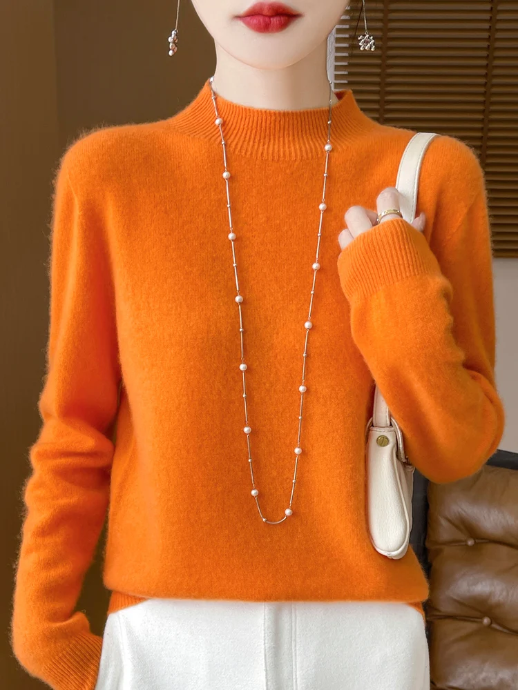 Sweter damski 100% wełna merino luźny klasyczny Pomarańczowy