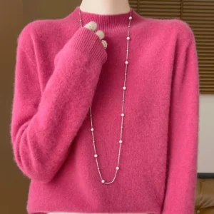 Sweter damski 100% wełna merino luźny klasyczny Róża czerwona