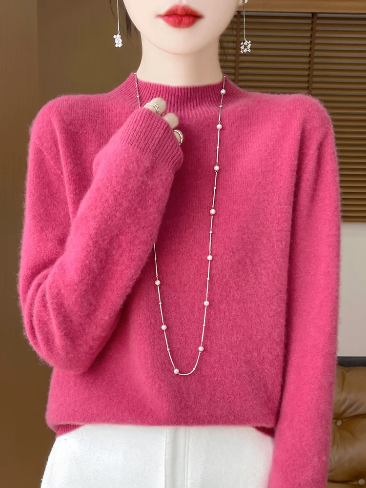 Sweter damski 100% wełna merino luźny klasyczny Róża czerwona