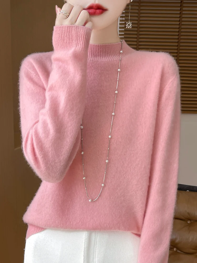 Sweter damski 100% wełna merino luźny klasyczny Różowy