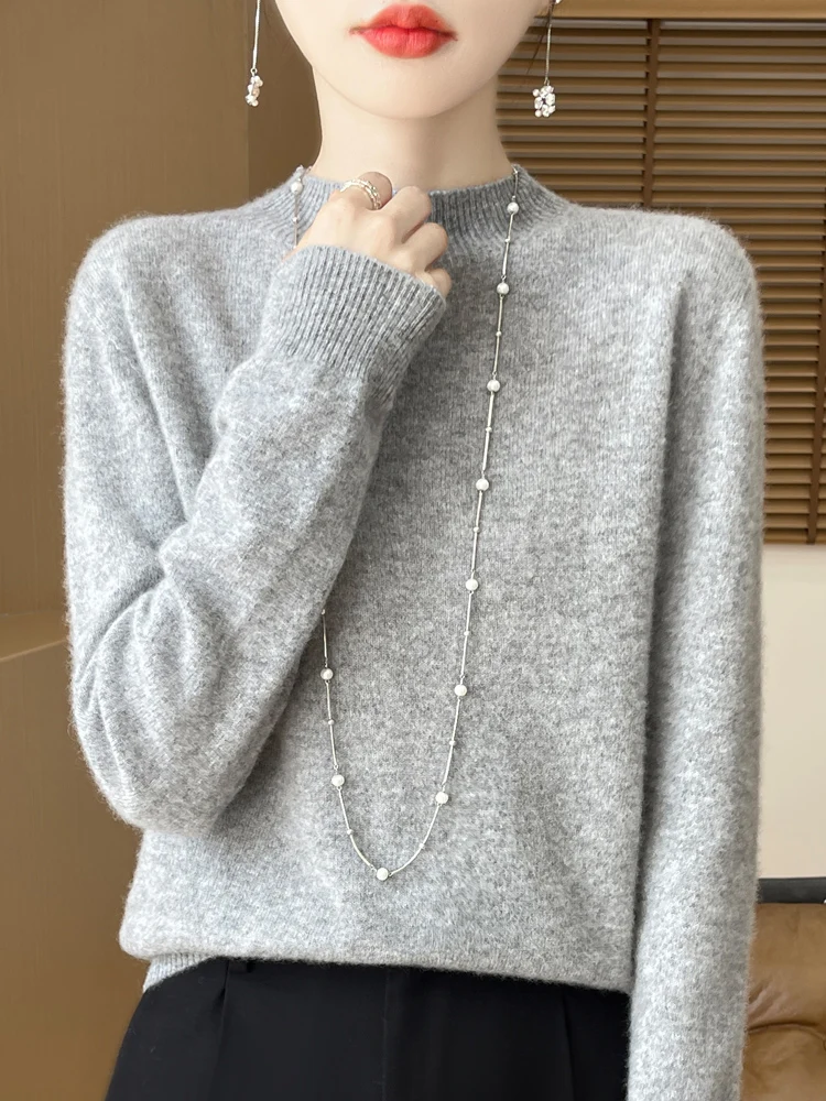 Sweter damski 100% wełna merino luźny klasyczny Szary