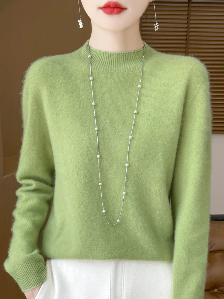 Sweter damski 100% wełna merino luźny klasyczny Zielony