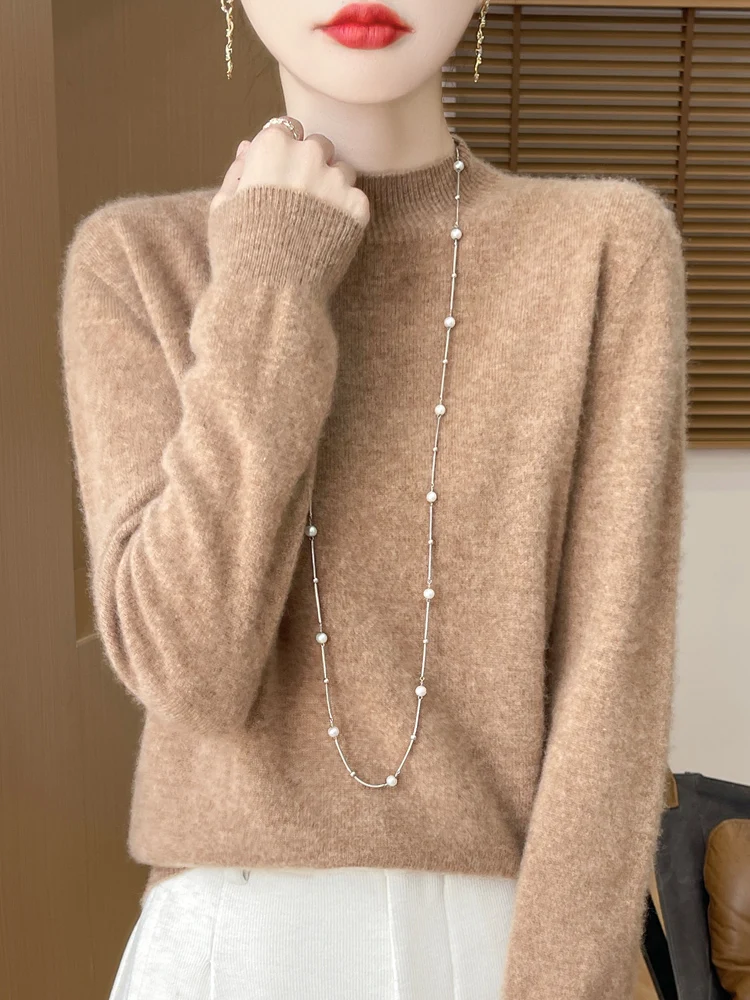 Sweter damski 100% wełna merino luźny klasyczny Złoto