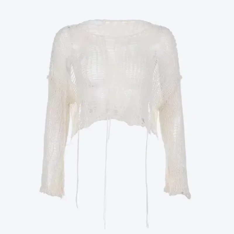 Sweter damski ażurowy z dziurami grunge y2k Harajuku Beżowy