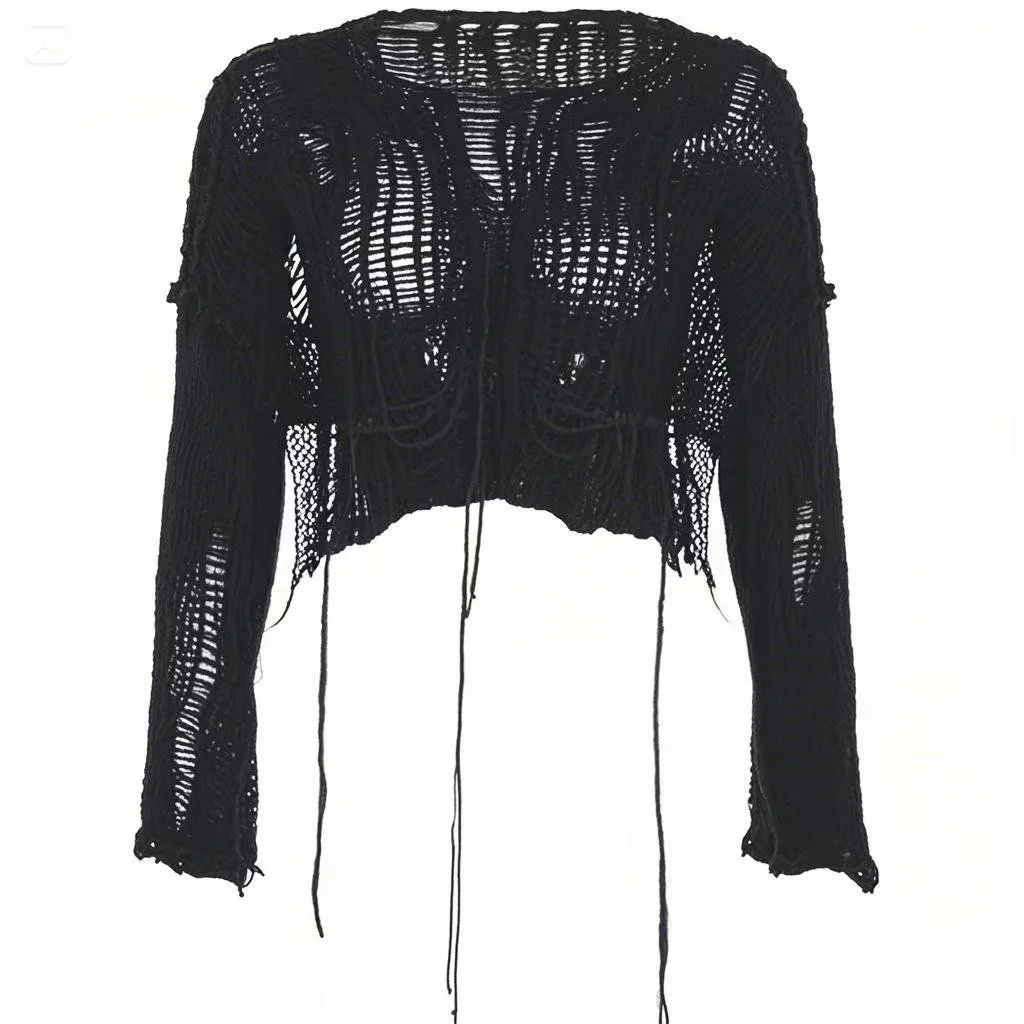 Sweter damski ażurowy z dziurami grunge y2k Harajuku Czarny