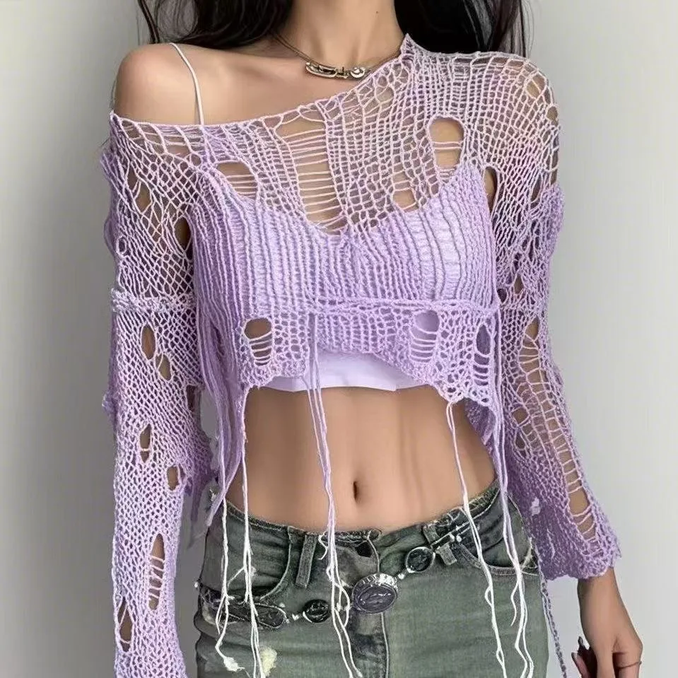 Sweter damski ażurowy z dziurami grunge y2k Harajuku Fioletowy
