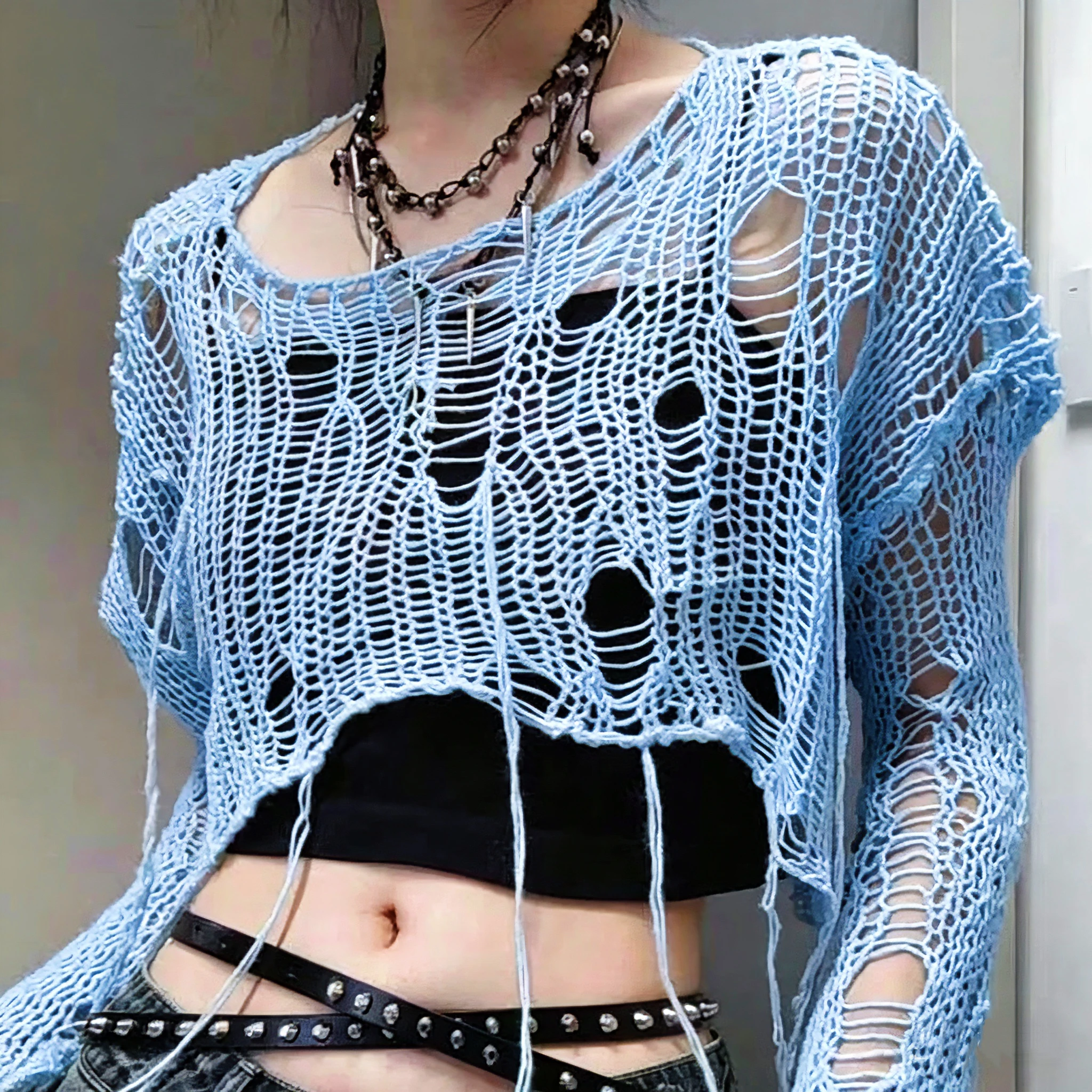 Sweter damski ażurowy z dziurami grunge y2k Harajuku Niebieski